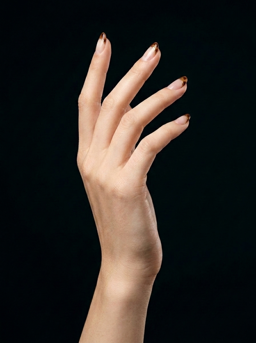 Francesa Carey con Toque Dorado, nail art french, color dorado, forma almendra, nails Leander TX