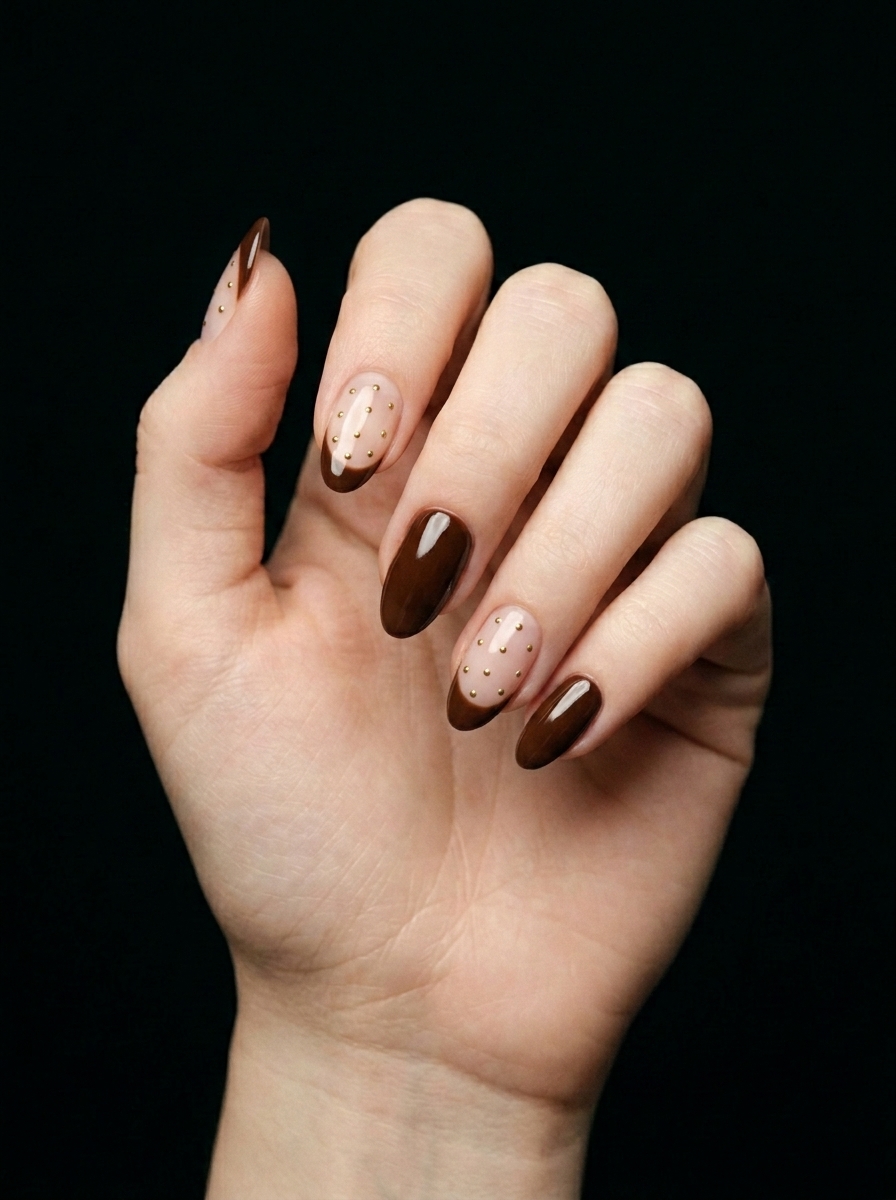 Manicura Café y Puntos Dorados, nail art nail_art, color nude, forma almendra, nails Leander TX