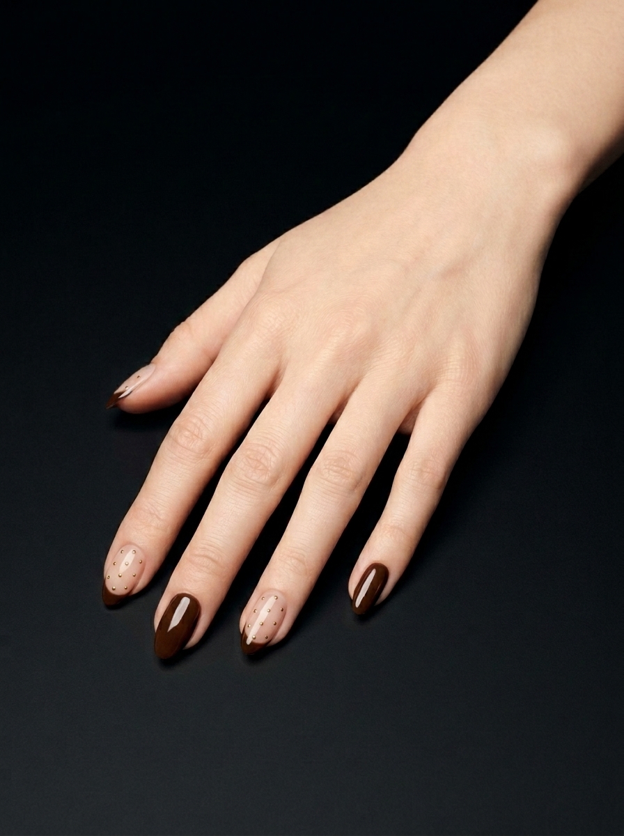 Manicura Café y Puntos Dorados, nail art nail_art, color nude, forma almendra, nails Leander TX
