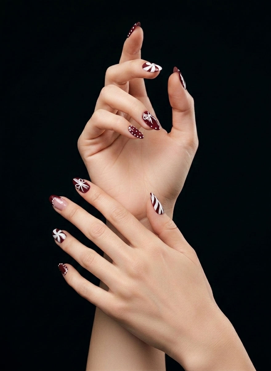 Manicura Navideña Burdeos y Blanca, nail art nail_art, color burdeos, forma coffin, nails Leander TX