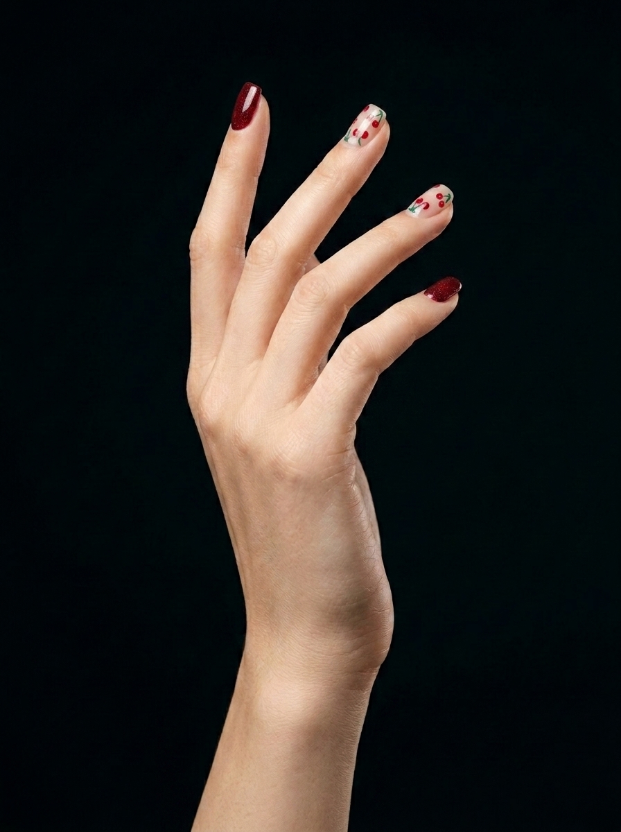 Elegancia de Cerezas y Escarcha, nail art nail_art, color burdeos, forma cuadrada, nails Leander TX