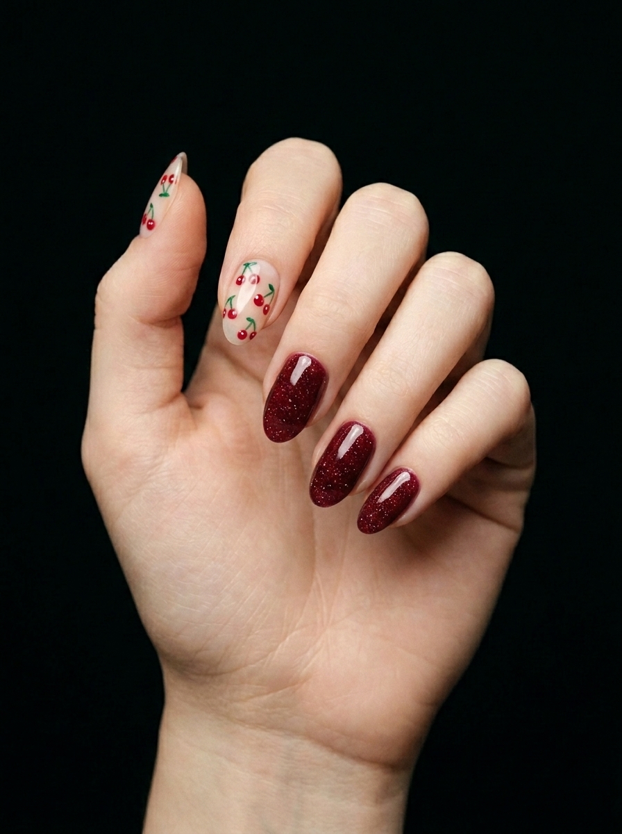 Elegancia de Cerezas y Escarcha, nail art nail_art, color burdeos, forma cuadrada, nails Leander TX
